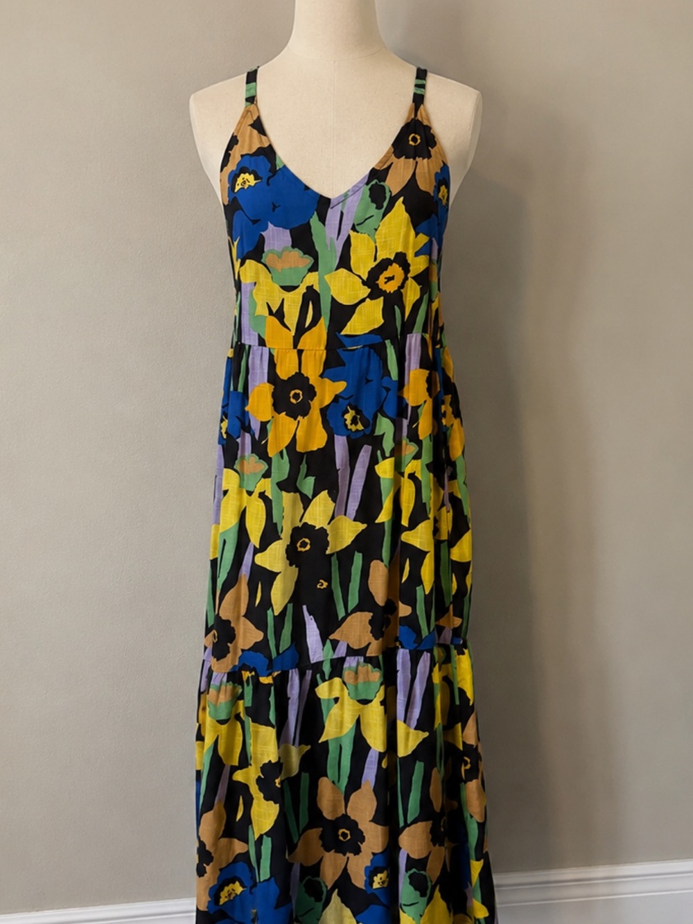 Bold Floral V-Neck Maxi Dress in Yellow, Blue & Black